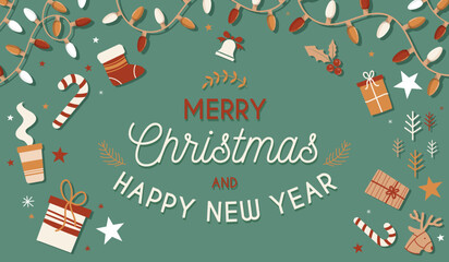 Christmas Banner - Editable vector title and illustrations for the holiday season. Festive elements, elegant decorations in Christmas colors - Happy New Year wishes - Green, red and brown, 