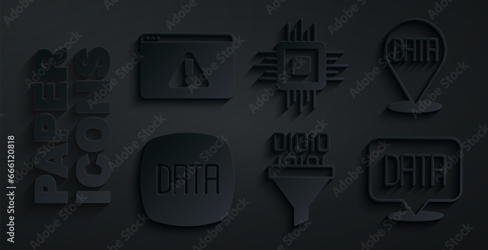 Poster set binary code, data analysis, processor cpu and browser with exclamation mark icon. vector