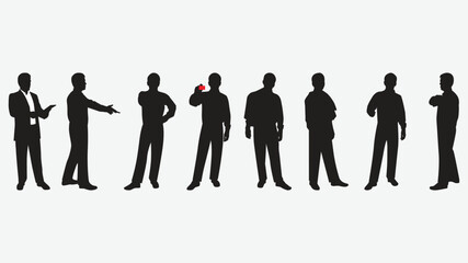 Business men's character set in various poses. Flat vector illustrations. Group of business people silhouettes. Men in suits