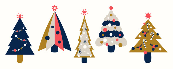 Collection of modern Christmas trees isolated. Christmas trees set. Holiday decorations with simple flat elements, lighst, stars, balls. Vector illustration for greeting card, print, invitations