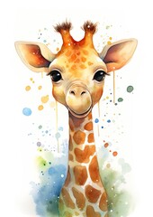 Baby giraffe face for wall painting, with watercolor splashes