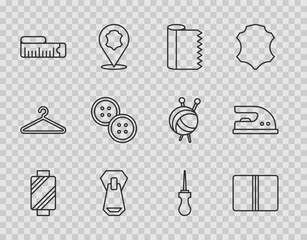 Set line Sewing thread on spool, Textile fabric roll, Zipper, Tape measure, button, Awl tool and Electric iron icon. Vector