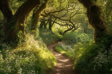 View on a path through enchanted woodland. Generative AI