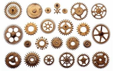 Cogwheels and gears are isolated on white background. Yellow Machine gear, - obrazy, fototapety, plakaty