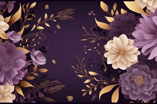 Design Of A Memorial And Funeral Invitation Card With Floral Elements In Purple And Brown Colors, Embellished With Golden Shower Flowers And Leaves. Generative AI