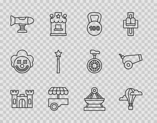Set line Castle, Hot air balloon, Weight, Fast street food cart, Swing plane, Magic wand, Boat swing and Cannon icon. Vector