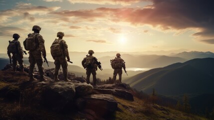 A group of five mercenary soldiers during patrol and security of the territory. They move across the mountain terrain in the rays of the setting sun.