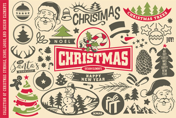 Christmas symbols, icons and design elements collection. Vector set of Christmas trees, Decorations, labels and Santa Claus graphics.