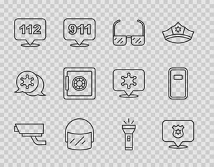 Set line Security camera, Police badge, Safety goggle glasses, helmet, Telephone call 112, Flashlight and assault shield icon. Vector