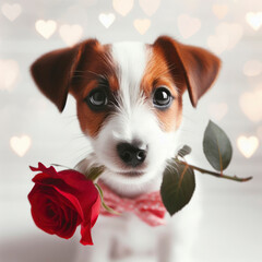 Jack Russell dog holding a rose in his mouth. ai generative