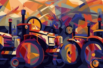Abstract art depicting colorful cubist tractors harvesting in seamless repeat pattern. Generative AI