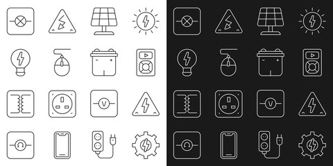 Set line Gear and lightning, High voltage, Music player, Solar energy panel, Computer mouse, Creative lamp idea, Lamp electronic circuit and Car battery icon. Vector