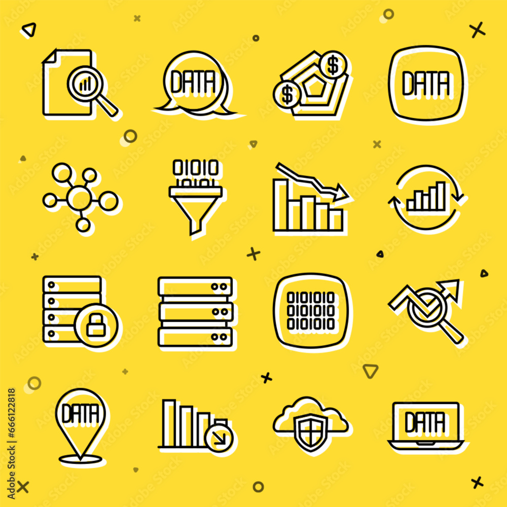 Poster set line data analysis, search data, pie chart infographic, financial growth, binary code, mind map,