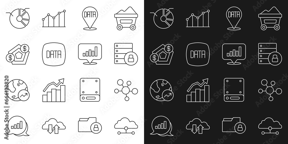 Poster set line network cloud connection, mind map infographic, server security with padlock, data analysis