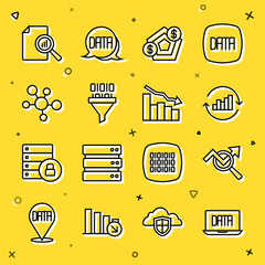 Set line Data analysis, Search data, Pie chart infographic, Financial growth, Binary code, Mind map, Document with and decrease icon. Vector