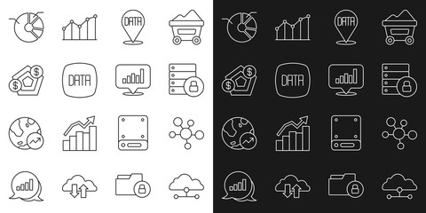 Set line Network cloud connection, Mind map infographic, Server security with padlock, Data analysis, Financial growth, Pie chart and icon. Vector
