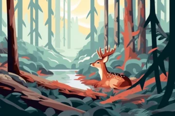 Fotobehang cartoon deer in the forest © Angah