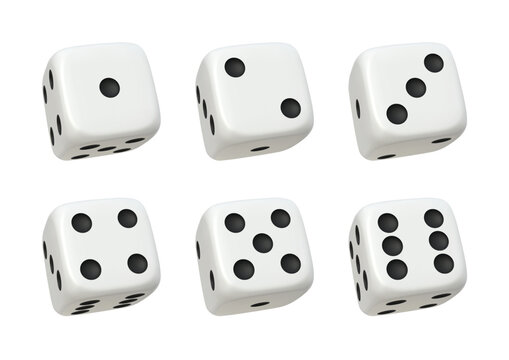 White 3d cube for Casino board games. Rolling dice icon in flight close up different combinations, isolated on white background. Vector illustration.
