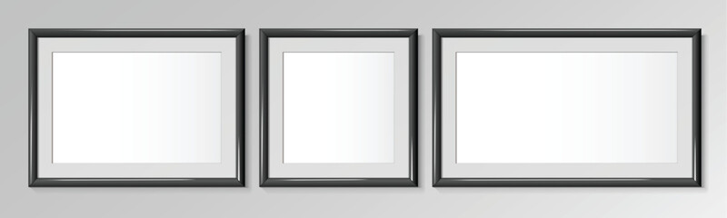 Realistic Black horizontal and square frames. For an image or photo. Posters on wall. Frames Design Template for Mockup. Vector illustration