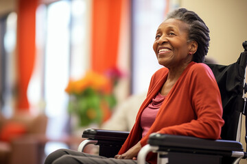 Mature African American woman in a wheelchair in a nursing home, content and relaxed - Powered by Adobe