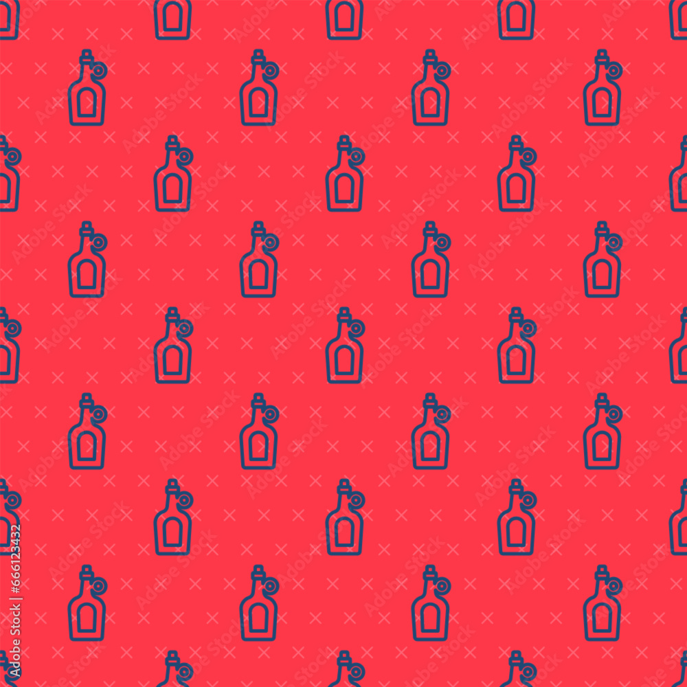 Aufkleber blue line bottle of maple syrup icon isolated seamless pattern on red background. vector