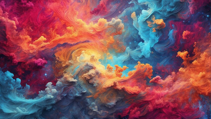 Abstract backdrop with swirling cosmic patterns, nebula clouds, and vibrant colors.