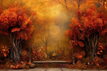 a wooden floor with orange and yellow autumn leaves, in the style of vibrant stage backdrops, mysterious backdrops, spectacular backdrops, nature-inspired pieces, textural richness, soft