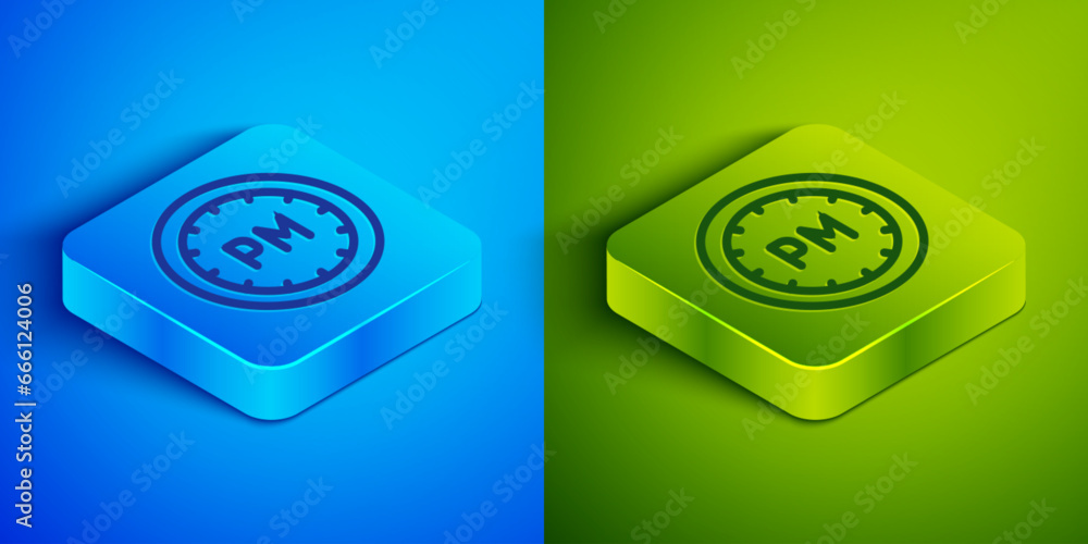 Poster isometric line day time icon isolated on blue and green background. time symbol. square button. vect