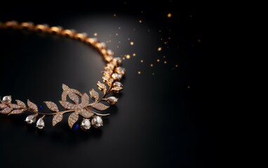 a diamond-studded gold necklace on a black background