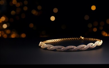 a gold bracelet with diamonds on a black background