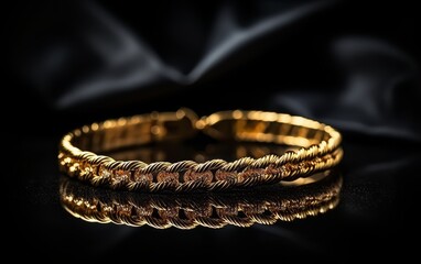 a gold bracelet with diamonds on a black background - obrazy, fototapety, plakaty