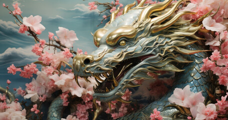 Fototapeta na wymiar the dragon with its golden light surrounds a pink flower, happy lunar new year 2024 background