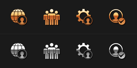 Set Globe and people, Users group, Head hunting and Create account screen icon. Vector