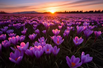 Rolgordijnen Fragrant Sunny crocus field. Nature flower. Generate AI © juliars