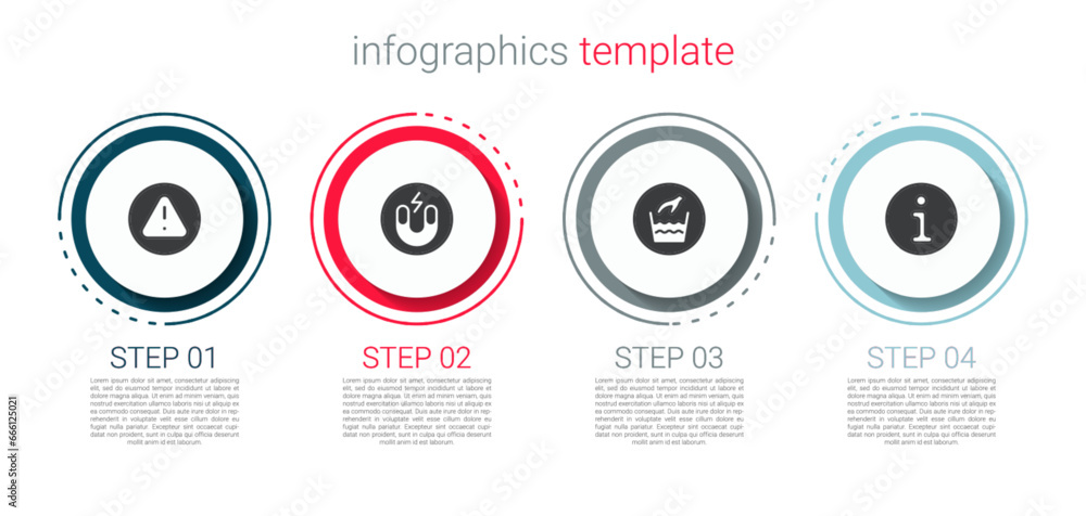 Poster Set Exclamation mark in triangle, Magnet, Hand wash laundry and Information. Business infographic template. Vector