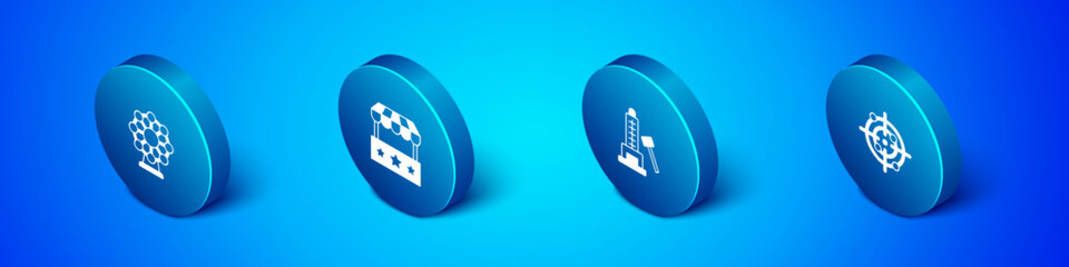 Fototapeta premium Set Isometric Ferris wheel, Striker attraction with hammer, Target sport and Ticket box office icon. Vector