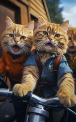 three cats in jackets riding a bicycle