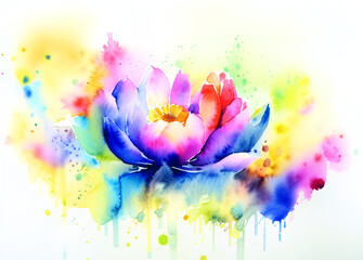  Pflanzen und natürliche Arten Vielfalt:  See Rose Blüte Lotus in regenbogen bunten Wasserfarben mit Spritzern und Kleksen vor einem weißen Hintergrund als Vorlage und kunstvolle Gestaltung Elemente - obrazy, fototapety, plakaty