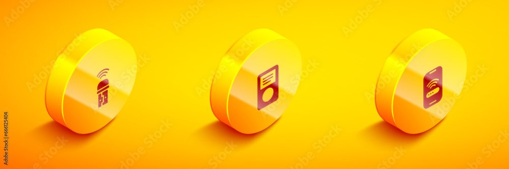 Poster set isometric usb wireless adapter, music player and mobile with wi-fi icon. vector