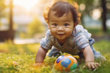 Fototapeta premium Curious Asian Infant Crawling on Vibrant Green Grass - Outdoor Exploration