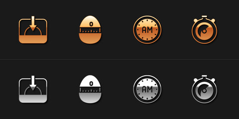 Set Sunset, Kitchen timer, Morning and Stopwatch icon. Vector