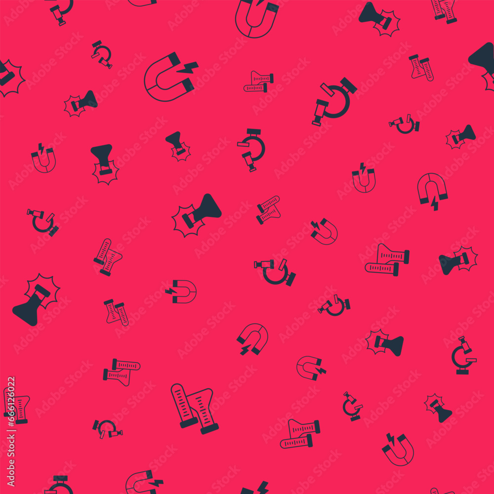 Poster set test tube, magnet, explosion in the flask and microscope on seamless pattern. vector