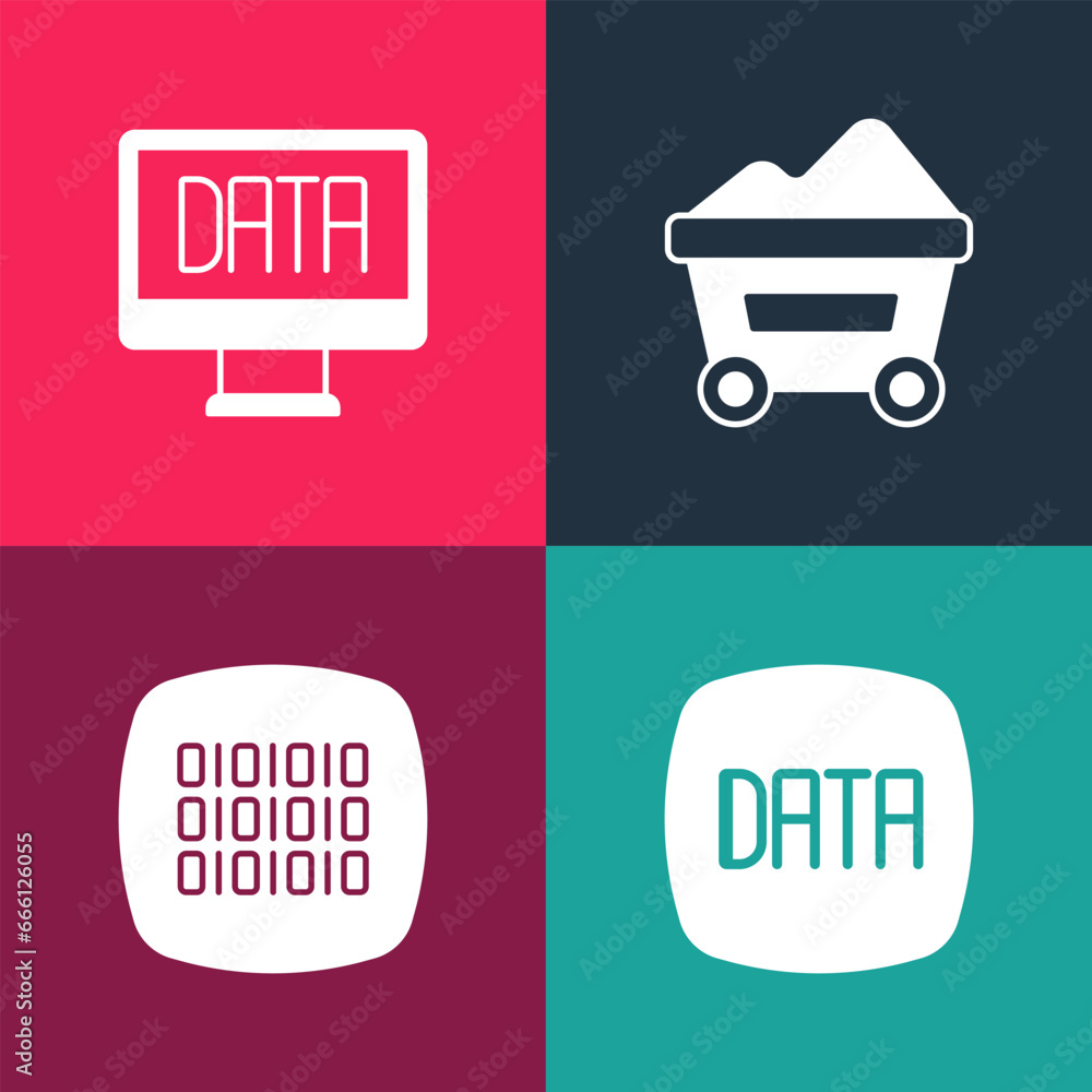 Poster set pop art data analysis, binary code, coal mine trolley and icon. vector