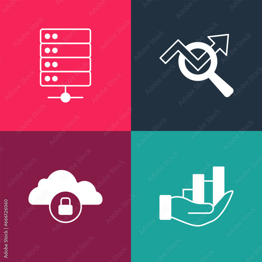 Poster set pop art pie chart infographic, cloud computing lock, search data analysis and server icon. vecto