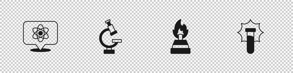 Set Atom, Microscope, Alcohol or spirit burner and Explosion in the flask icon. Vector