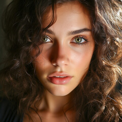 Obraz premium Face of a beautiful brunette woman with brown eyes and pouting lips