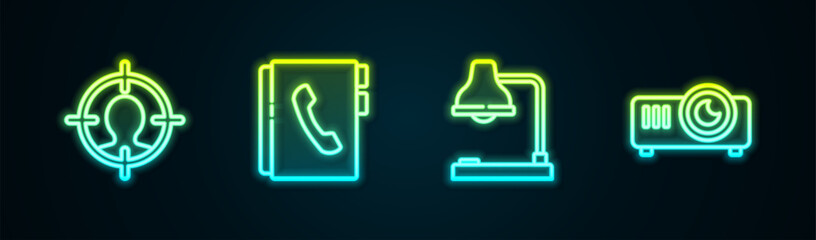 Set line Head hunting concept, Address book, Table lamp and Movie, film, media projector. Glowing neon icon. Vector