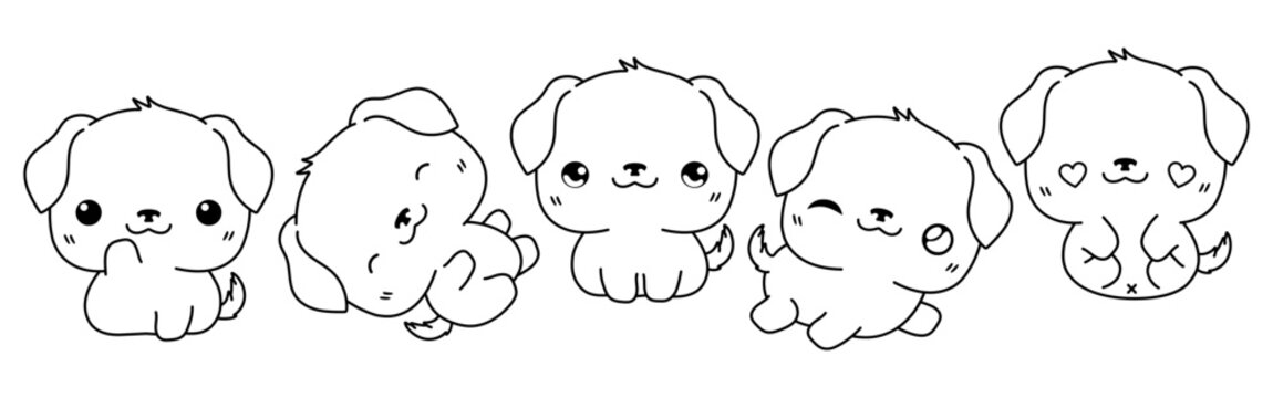 Set of Kawaii Isolated Dog Coloring Page. Collection of Cute Vector Cartoon Rottweiler Dog Outline for Stickers, Baby Shower, Coloring Book, Prints for Clothes