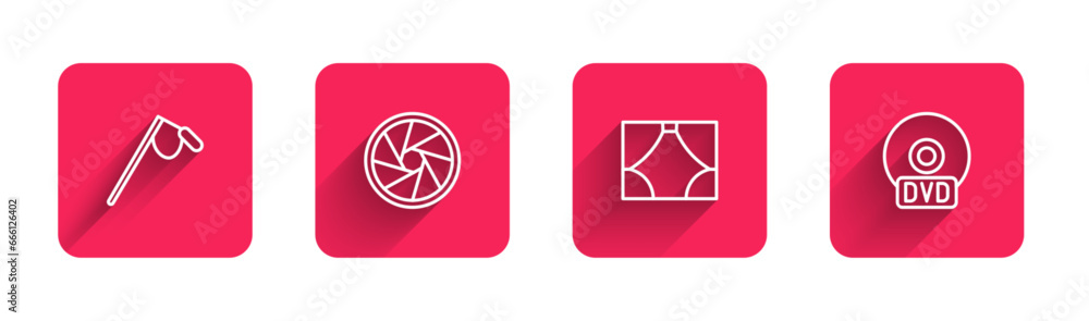Poster set line microphone, camera shutter, curtain and cd or dvd disk with long shadow. red square button.