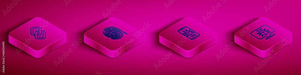 Poster set isometric line chain link, fingerprint, system bug on mobile and icon. vector